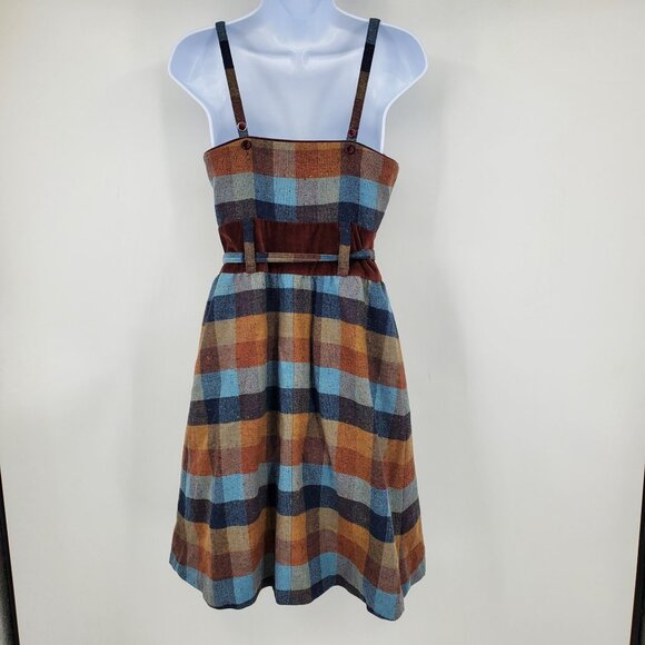 Maple Anthropologie Wool Checkerboard Plaid Velvet Trim Newsroom Jumper Dress 4 - Picture 2 of 9